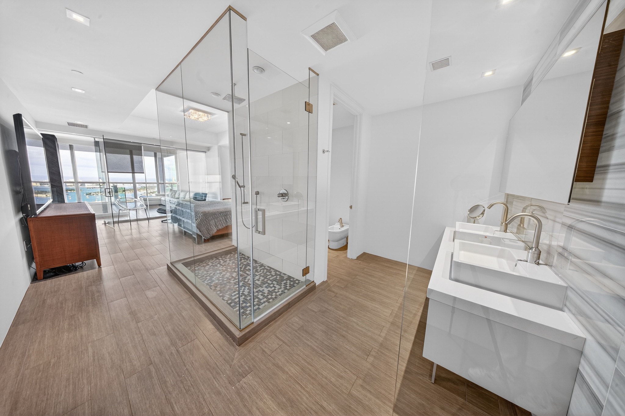 Bathroom with glass-enclosed shower
