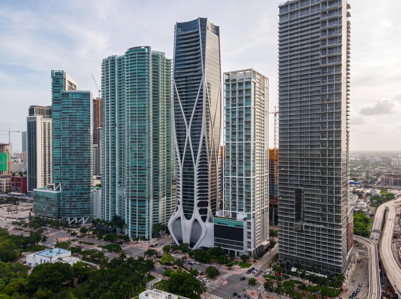 One Thousand Museum, the tower with the sculptural white exterior in the center of the Downtown Miami skyline